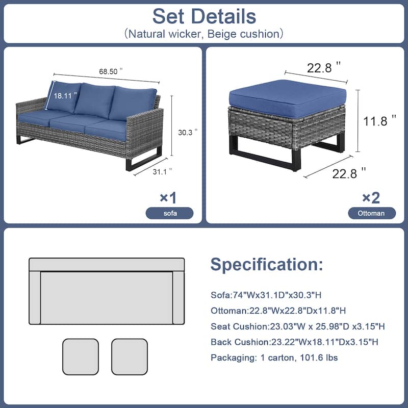 Gymojoy Outdoor Patio Wicker Sofa with Ottomans