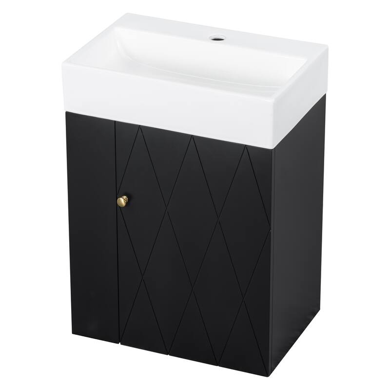 Wall-mounted Small Bathroom Vanity with Ceramic Sink, Floating Ceramic Sink Cabinet with Side Storage Shelves, 20 Inch