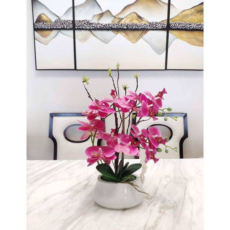 Artificial Orchid Plants and Flowers with Vase, Fake Faux Orchid in Ceramic Pot,17", Fuchsia