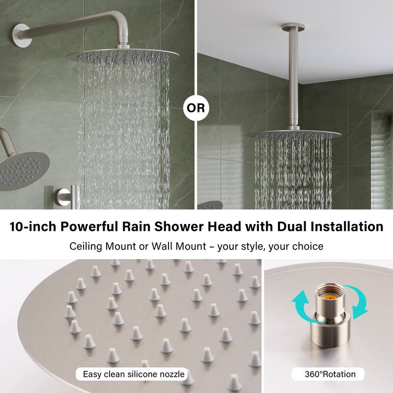 Ceiling/Wall Mount Multifunction Dual Shower System 10 in. 3-Function Round Shower Head With Hand Shower