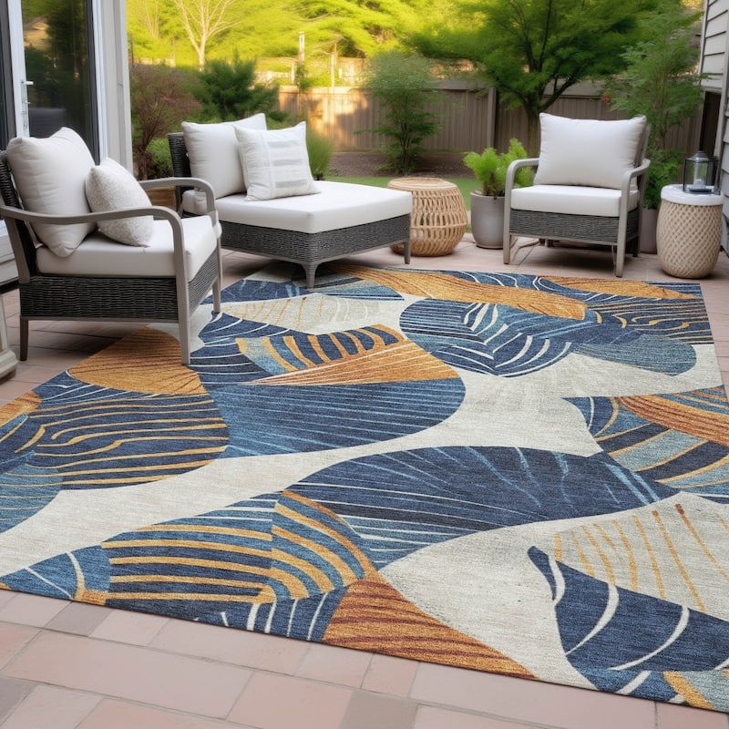 Machine Washable Indoor/Outdoor Coastal Palm Leave Chantille Rug