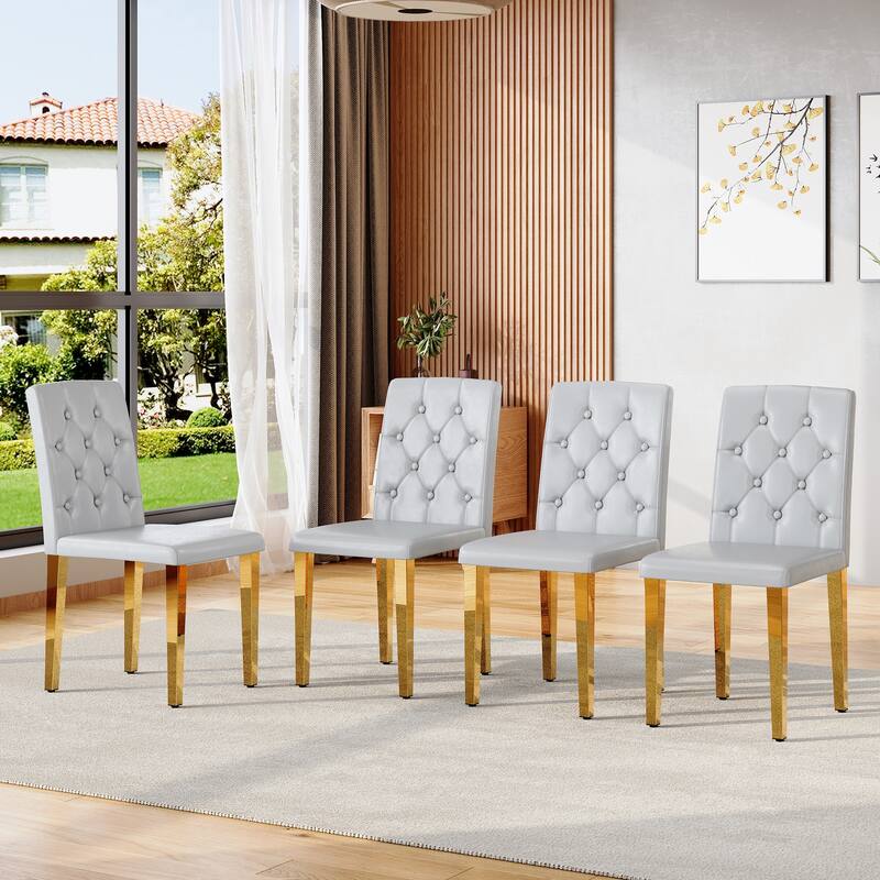 4-piece set of PU Dining Chairs: Ergonomically Designed Buckle Backrest, 35 Inches High, Gold Metal legs