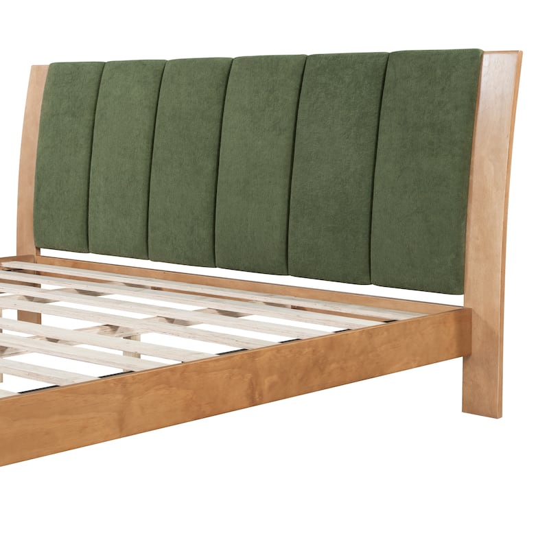 Pine Wood Bed Frame Mid Century Modern Platform Bed with Green Upholstered Headboard, Wood Slat Support Low Profile Wingback Bed