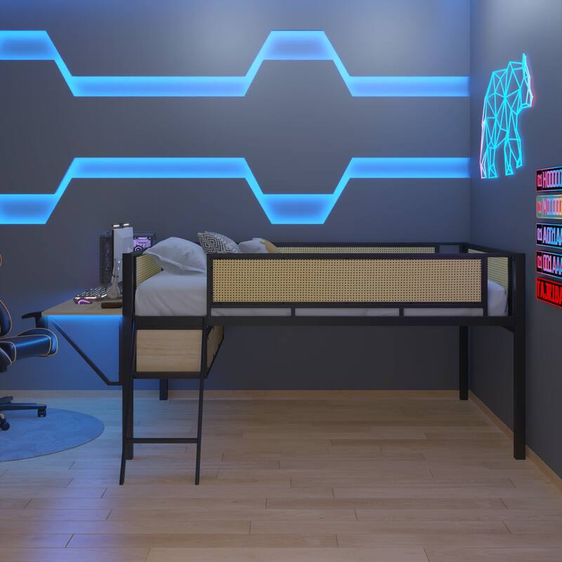 Metal Loft Bed with Rectangular Desk, LED lights, Storage Shelves and Hanging Storage Compartments, Safety Guard and Ladder