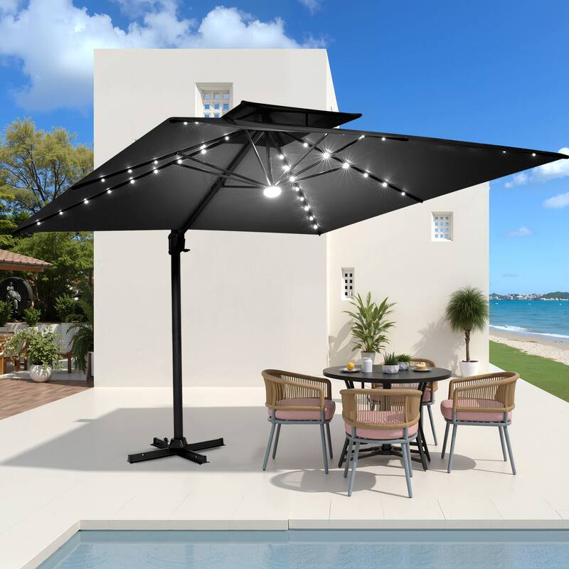 VredHom 9 x 11ft Outdoor Rectangular Dual Top Cantilever Patio Umbrella LED Light - Black