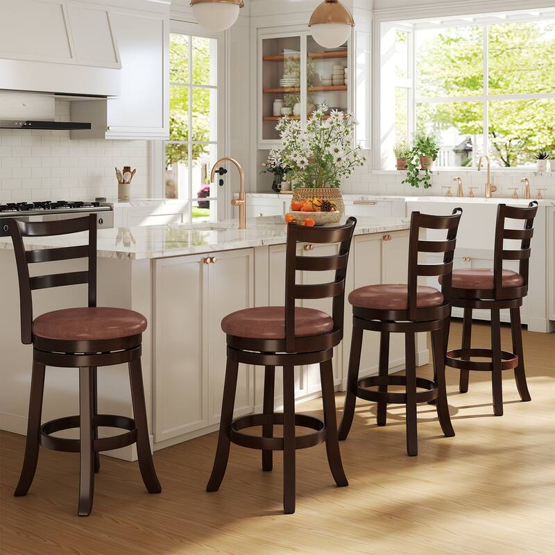 Costway 26” Counter Height Swivel Barstools Set of 2/4 with Back, Faux - Cappuccino