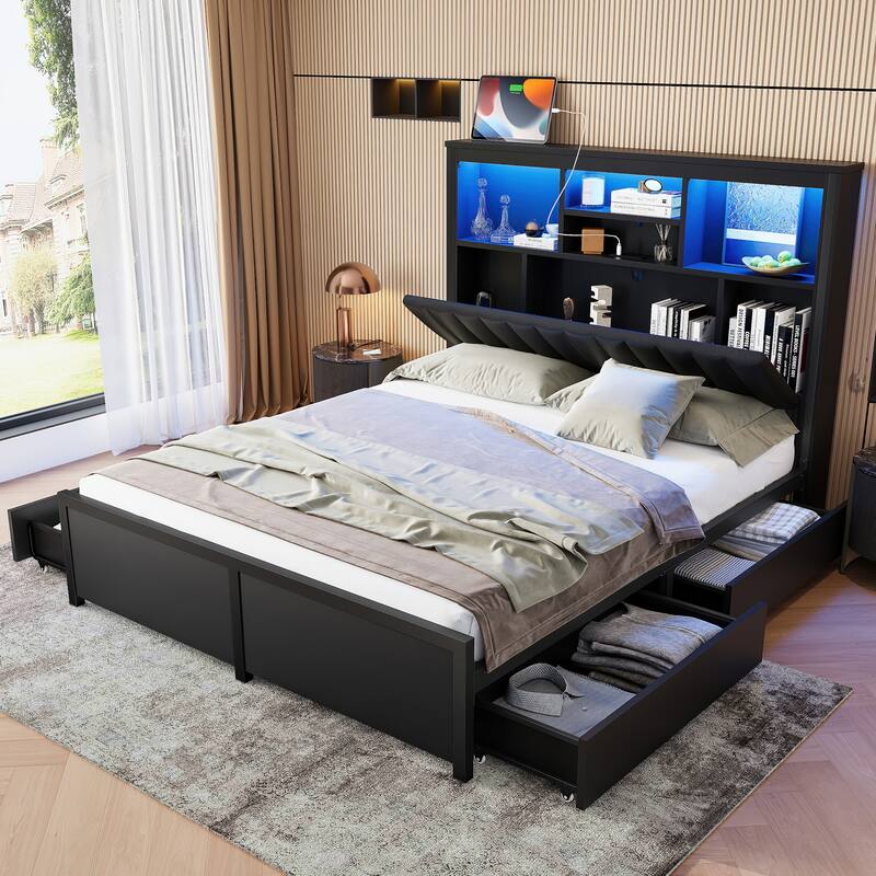 King/Queen Storage Bed with LED Headboard, Charging Station & 4 Drawers