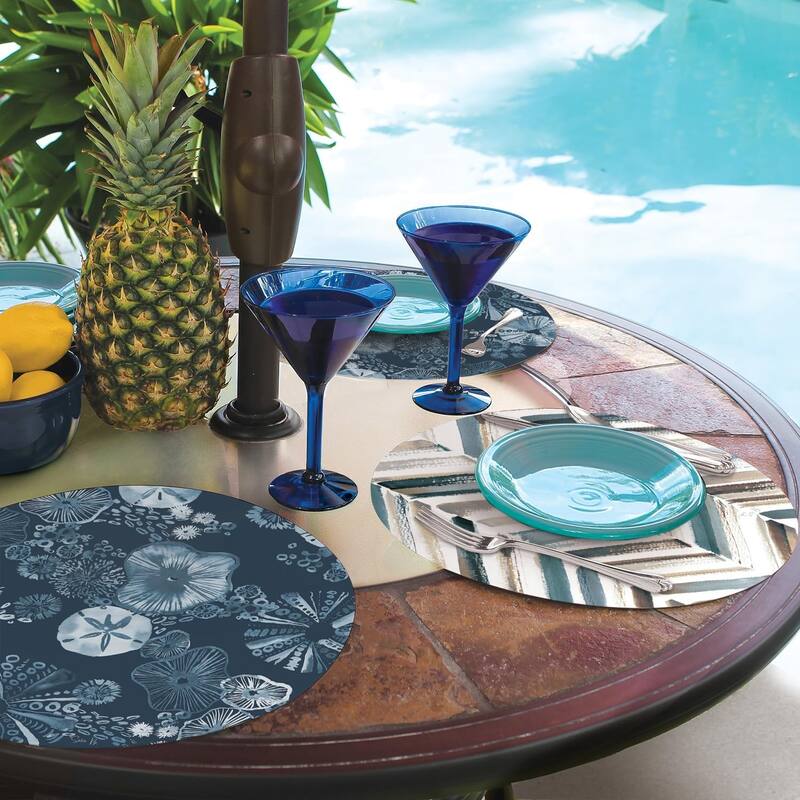 Tidal Shells 4 Pack Round Reversible Easy Care Flexible Plastic Placemats Made in The USA Reversible Flexible Easily Wipes Clean