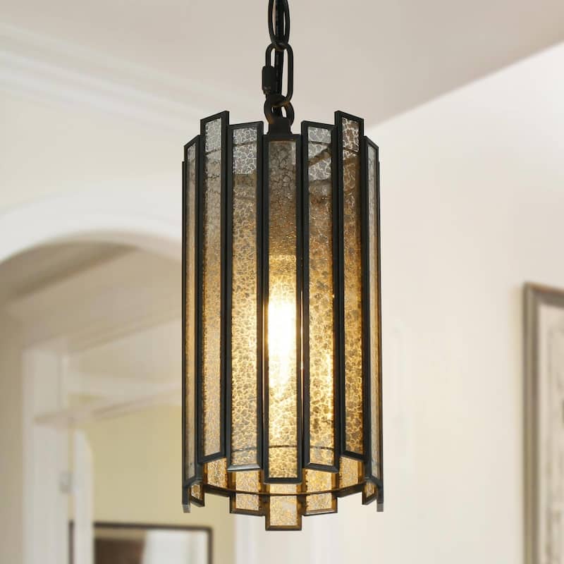 Modern Black Gold 1-Light Pendant Cylinder Glass Kitchen Island Light for Dining Room