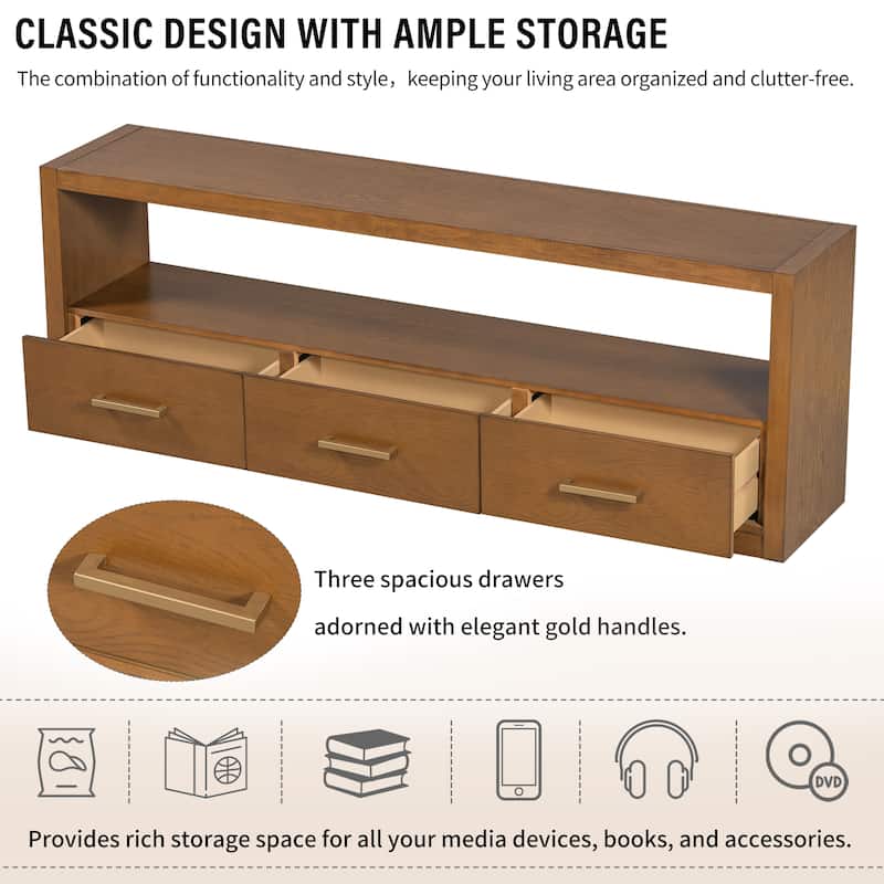 74" Wood TV Stand Wide Top Media Console Table w/ 3 Drawers, Metal Handles, Classic Entertainment Center for Living Room