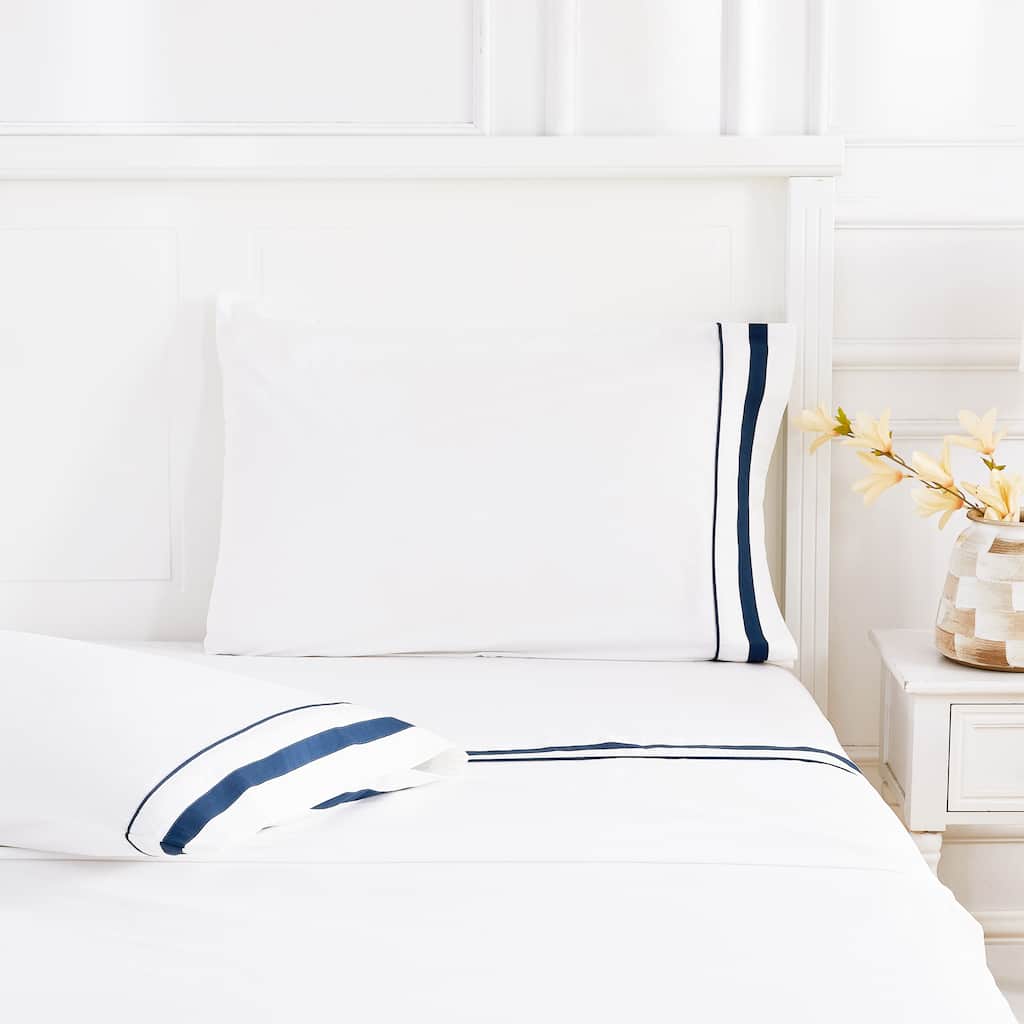 Percale Cotton Hotel Piping Embroidered Crisp Sheet Set