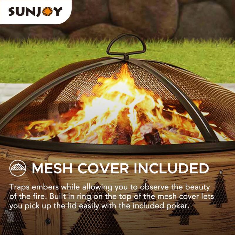 Sunjoy 30 in. Outdoor Wood-Burning Fire Pit, Patio Woven Round Steel Firepit Outside with Spark Screen and Poker - N/A