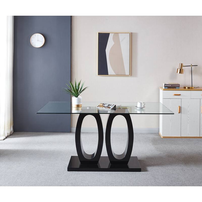 Contemporary Tempered Glass Top Double Pedestal Dining Table, size 63" x 35.4" x 29.5" (Black or White)