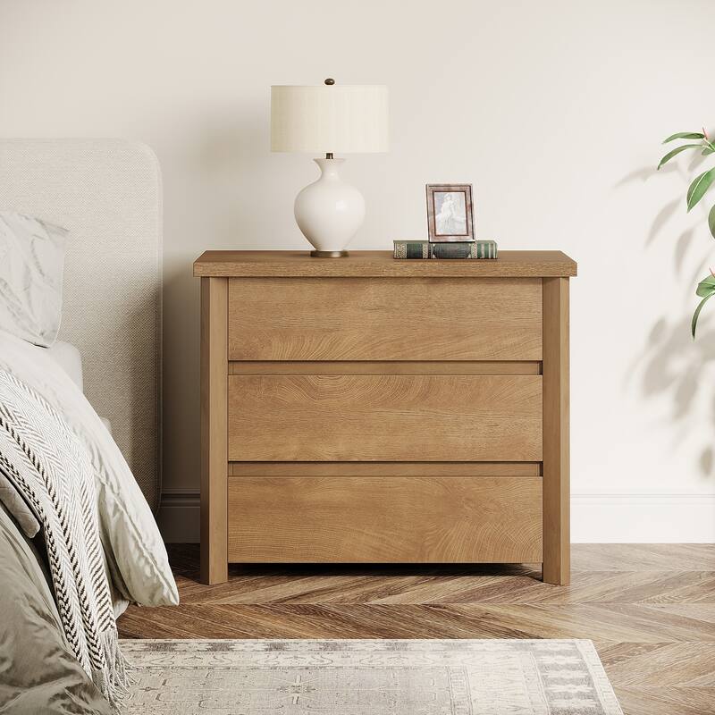 Wood Nightstand with 3 Drawers, Farmhouse Large Bedside Table with Storage - Brown
