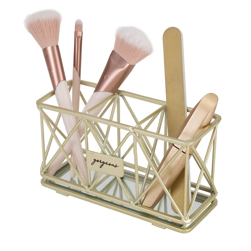 Home Details 3 Compartment Cosmetic Brush Pencil Holder in Satin Gold - 7"x 2.5"x 3.75"