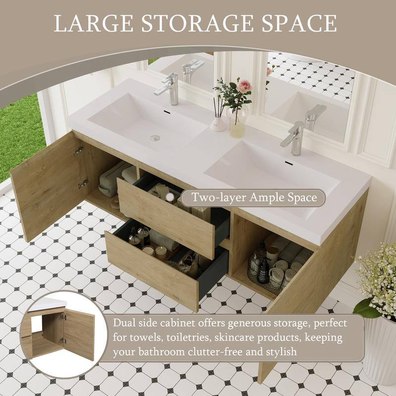 ABRUZZO 60" Floating Bathroom Double Vanity with Integrated Resin Top 2 Basins 2 Cabinets 2 Soft Close Drawers Full Assembly
