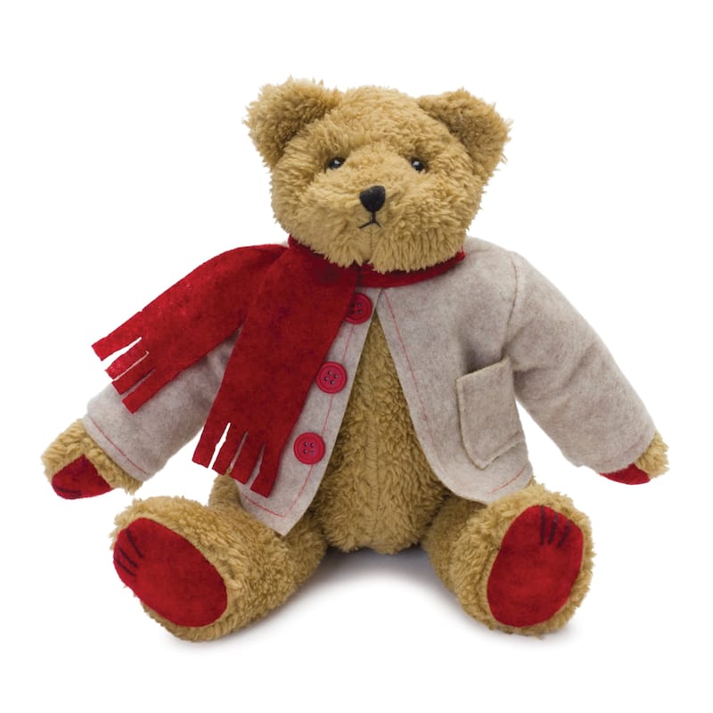 14" Red Beige Teddy Bear Coat Scarf Christmas Tabletop Decoration
