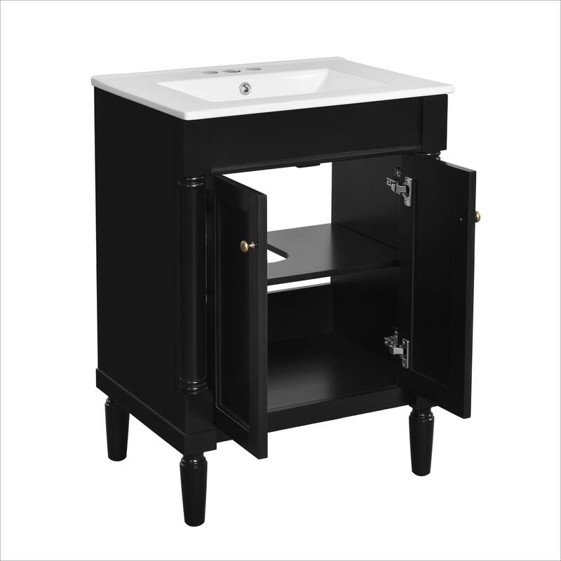 24'' Solid Wood+MDF Bathroom Vanity with Top Sink and Large Storage Shelves - 24" x 18"