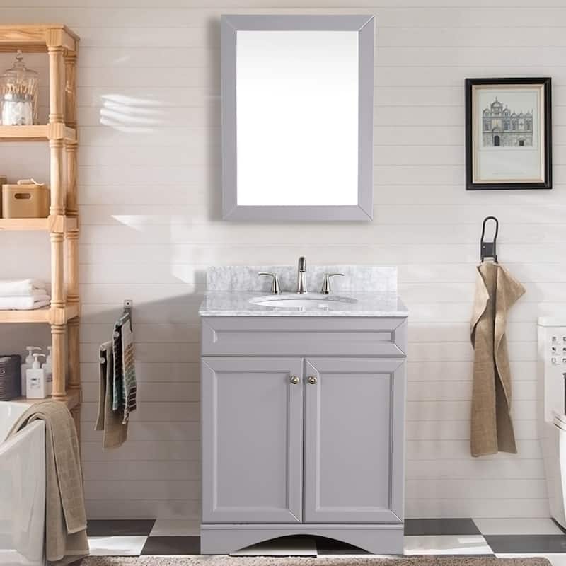 BATHLET 30 inch Bathroom Vanity Set with Carrara Marble Top Mirror - Round Sink - Grey Base