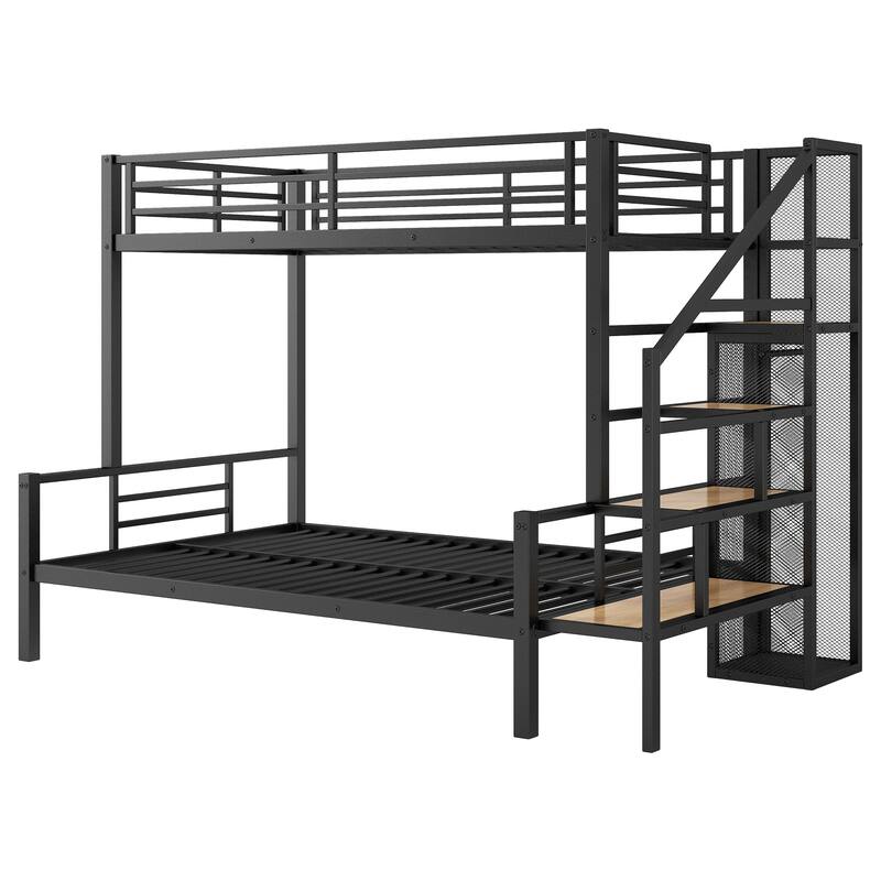 Twin over Full Metal Bunk Bed with Storage Stairs and Wardrobe, Black