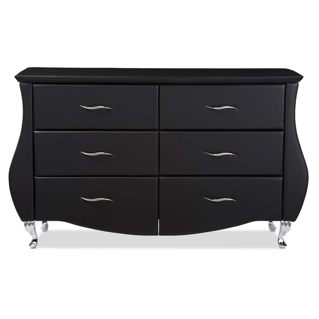 Modern 6-Drawer Dresser - Black Faux Leather Chest of Drawers with Steel Accents - Large Storage Unit