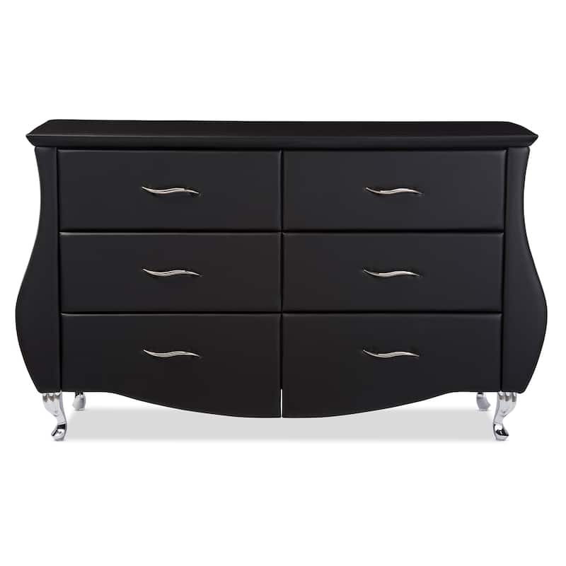 Modern 6-Drawer Dresser - Black Faux Leather Chest of Drawers with Steel Accents - Large Storage Unit