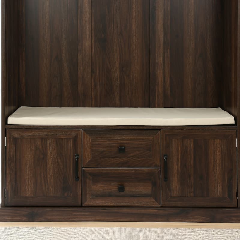 47.2" Hall Tree with Cushion Bench, 3 Hooks, 2 Drawers & 2 Cabinets, Entryway Coat Rack Storage Organizer
