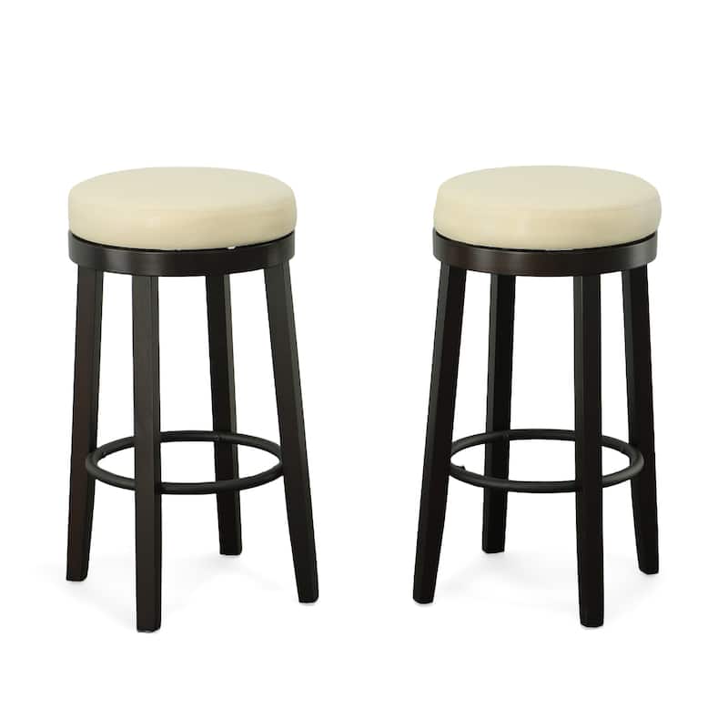 HomeRoots Set of Two 30" Cream And Espresso Faux Leather And Solid Wood Swivel Backless Bar Height Bar Chairs