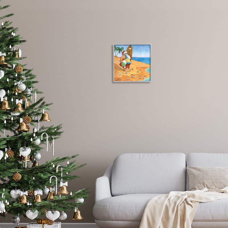 Stupell Santa Claus On Beach Surf Board Tropical Christmas Framed Wall Art - Blue