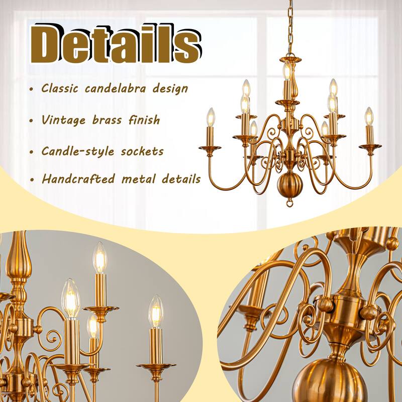 French Country Dimmable Antique Brass Chandelier Adjustable Chain Vintage Pendant Light for Dining Room