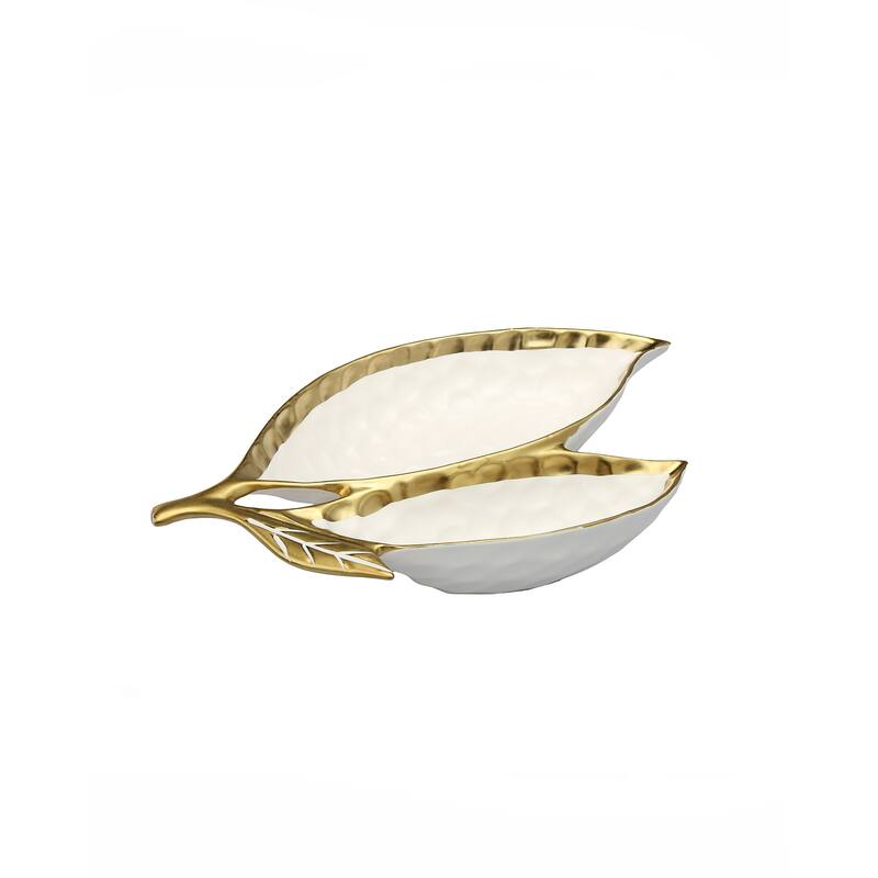 Alice Pazkus 15"L Gold White Porcealin Leaf Relish Dish with Gold Rim