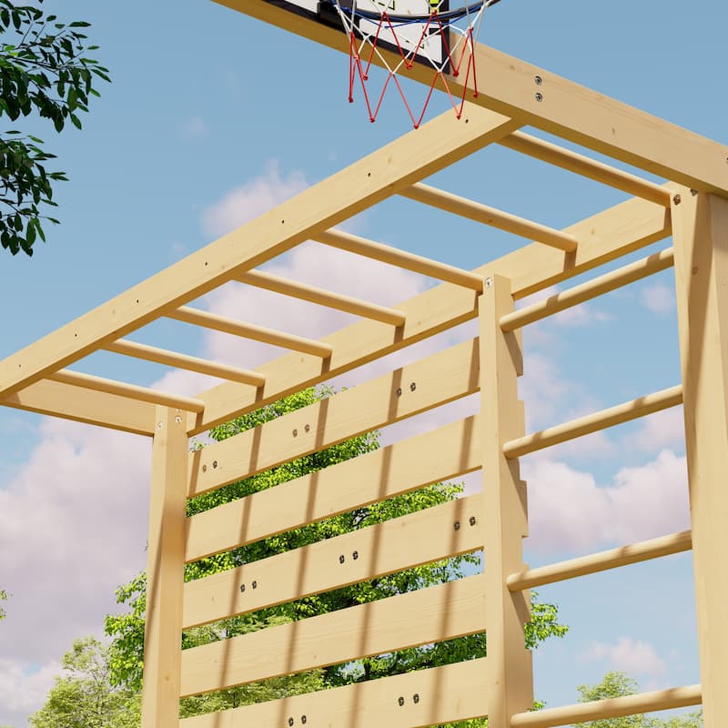 8-in-1 Cedar Wood Outdoor Playset for Backyard, Kids Swing Set with Climbing Wall, Monkey Bars, Basketball Hoop & Sand Box