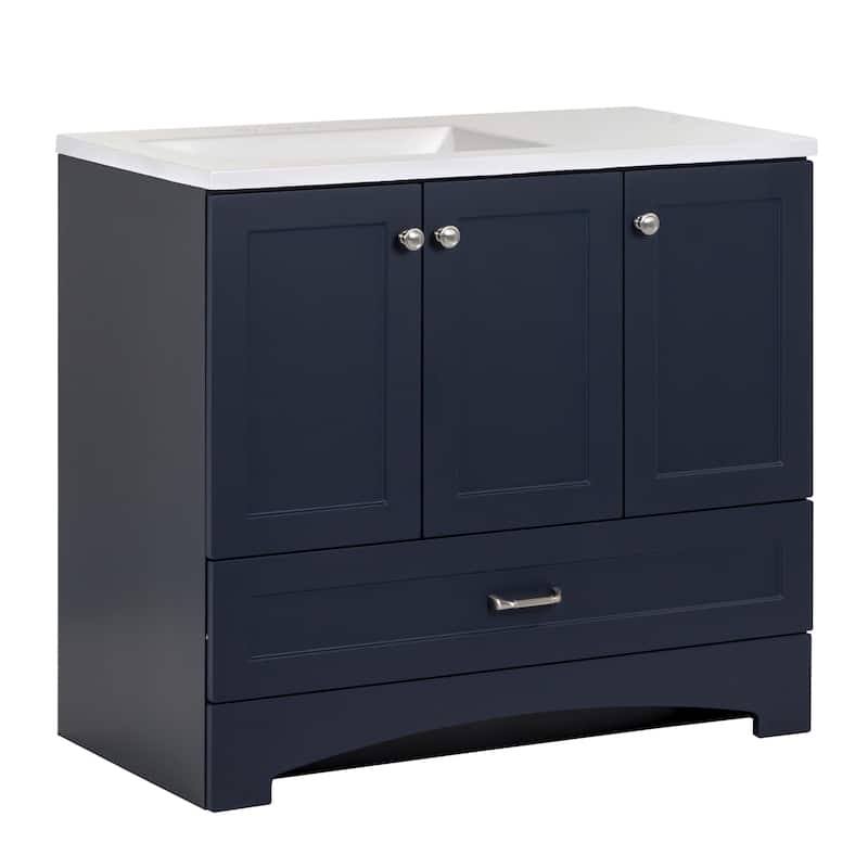 Spring Mill Cabinets Emlyn 36.5" Bathroom Vanity With Shelves, Drawer, and White Sink Top