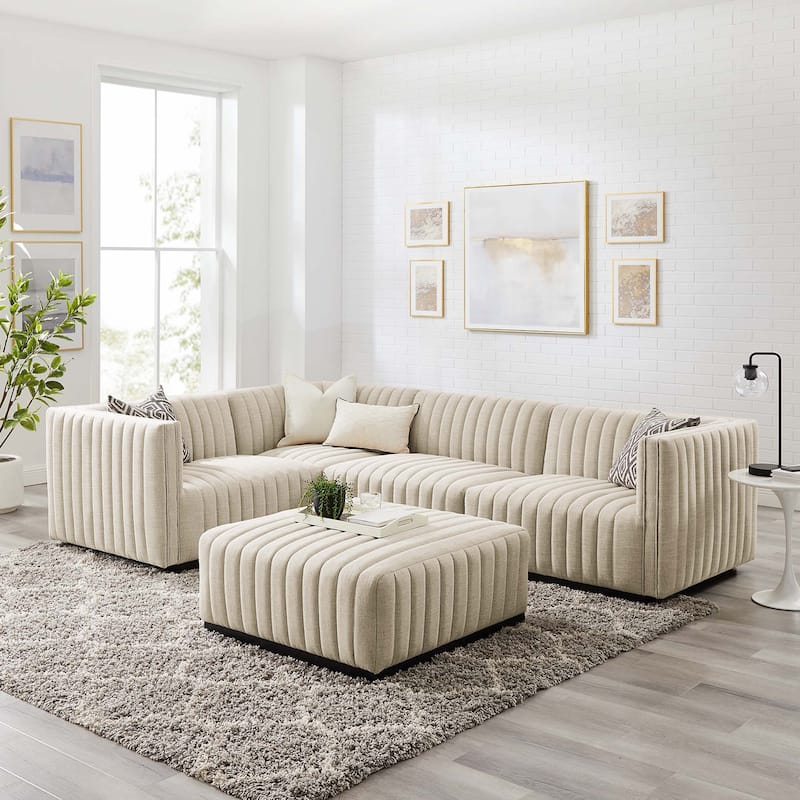 Conjure Channel Tufted Upholstered Fabric 5-Piece Sectional - Black Beige