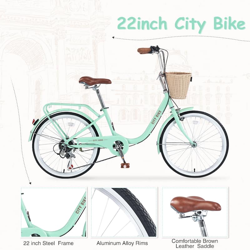 7 Speed City Bike With Basket,Steel Frame,Multiple Colors 22 Inch Girls Bicycle