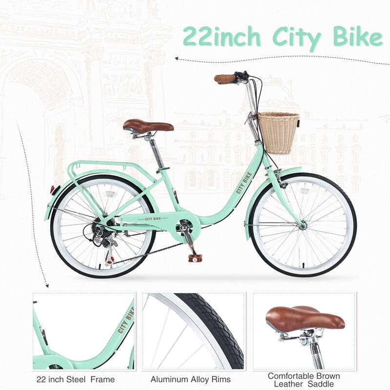 7 Speed Comfort City Bike, 22 Inch Road Cycling Bicycle with Leather Saddle and Basket, Steel Frame for Kids and Teens