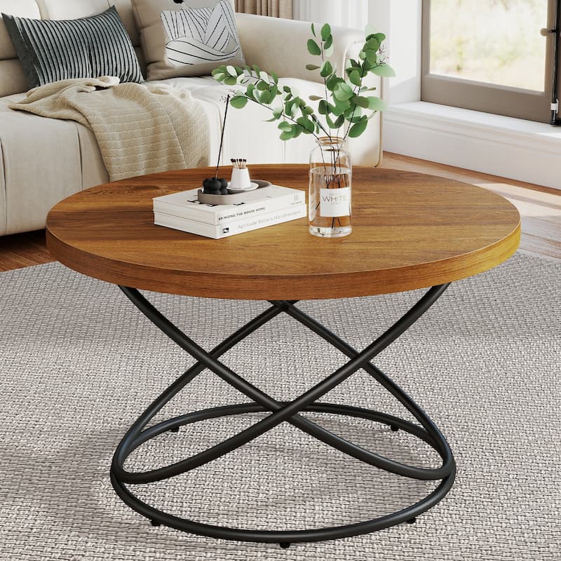 Tempered Glass Top Round Coffee Table with Metal Base