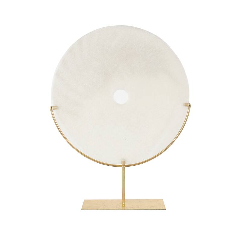 White Polystone Round Disk Leaf Decorative Sculpture with Center Cutout and Gold Base
