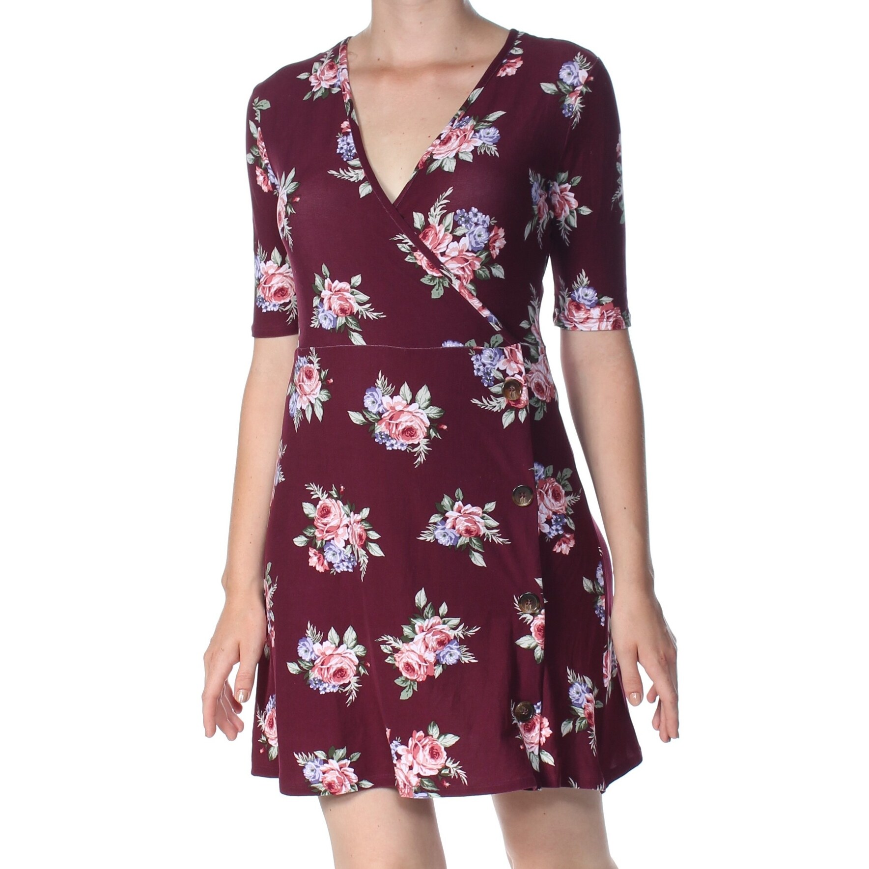 Shop Ultra Flirt Womens Maroon Floral Short Sleeve Mini Dress Size