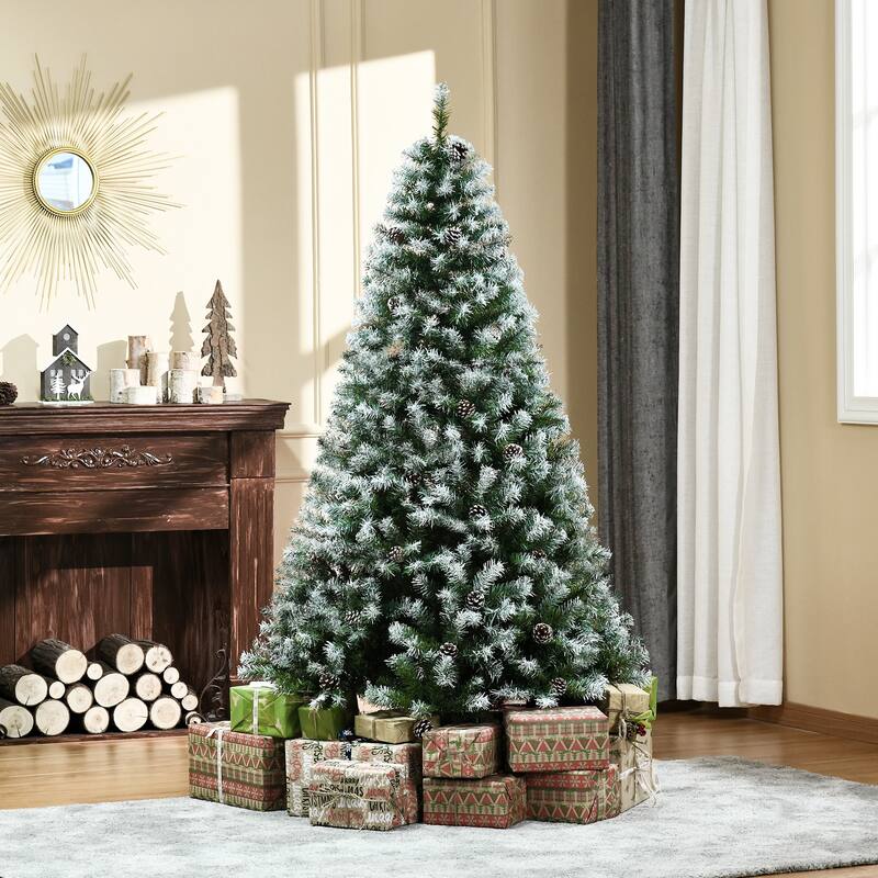HOMCOM Unlit Snow-Dusted Tree - Realistic Branches, Pine Cones - Green