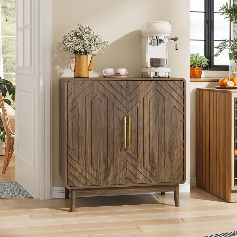 Roomfitters Mid-Century Modern Storage Cabinet with Rounded Corners, 2-Door Sideboard Buffet with Gold Handles, Walnut