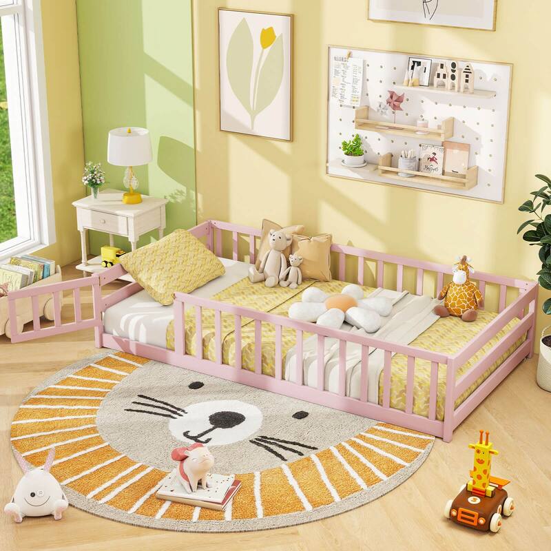 Costway Twin Size Floor Bed with Door & Fence with Safety Guardrails &