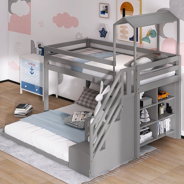slide 2 of 17, Storage Staircase Twin over Full House Roof Bunk Bed with Staircase and Shelves,Easy Assembly Grey