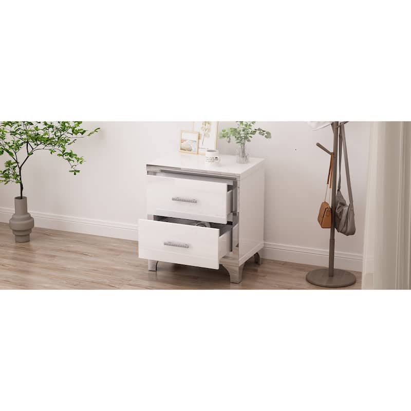 Mirrored Nightstand with 2 Drawers, Bedside Table with Metal Handle, Sofa Side Table with Mirrored Edge and Legs
