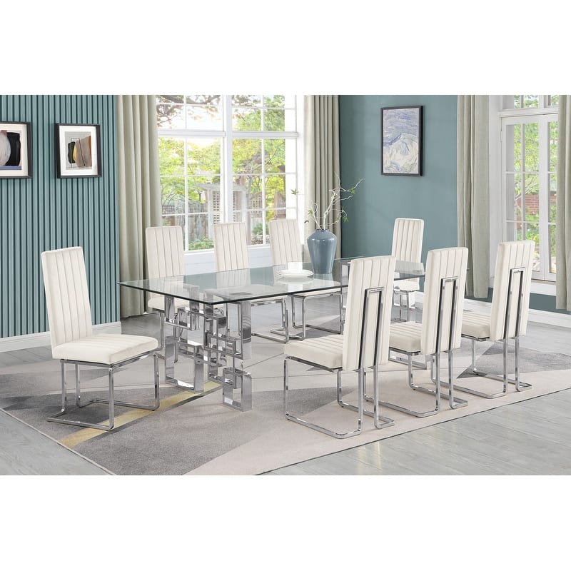 Best Quality Furniture Big Glass Dining Sets - 9pcs - Chrome - Cream