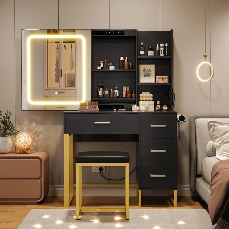 Makeup Vanity with Sliding LED Mirror, Charging Station, Drawers, Shelves & Stool - Black
