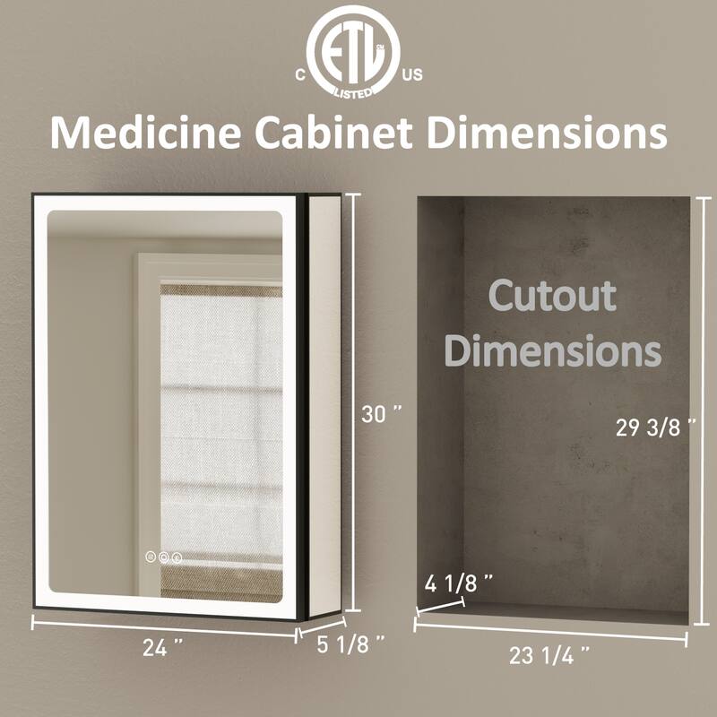 Grand Aluminum Medicine Cabinet with Mirror, Adjustable Shelves, Dimmable Light, Anti-Fog, Recessed or Wall Mount