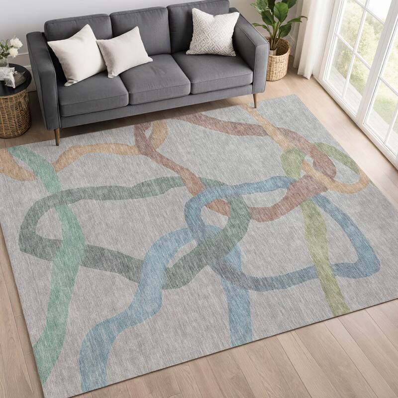 Machine Washable Indoor/ Outdoor Abstract Links Chantille Rug