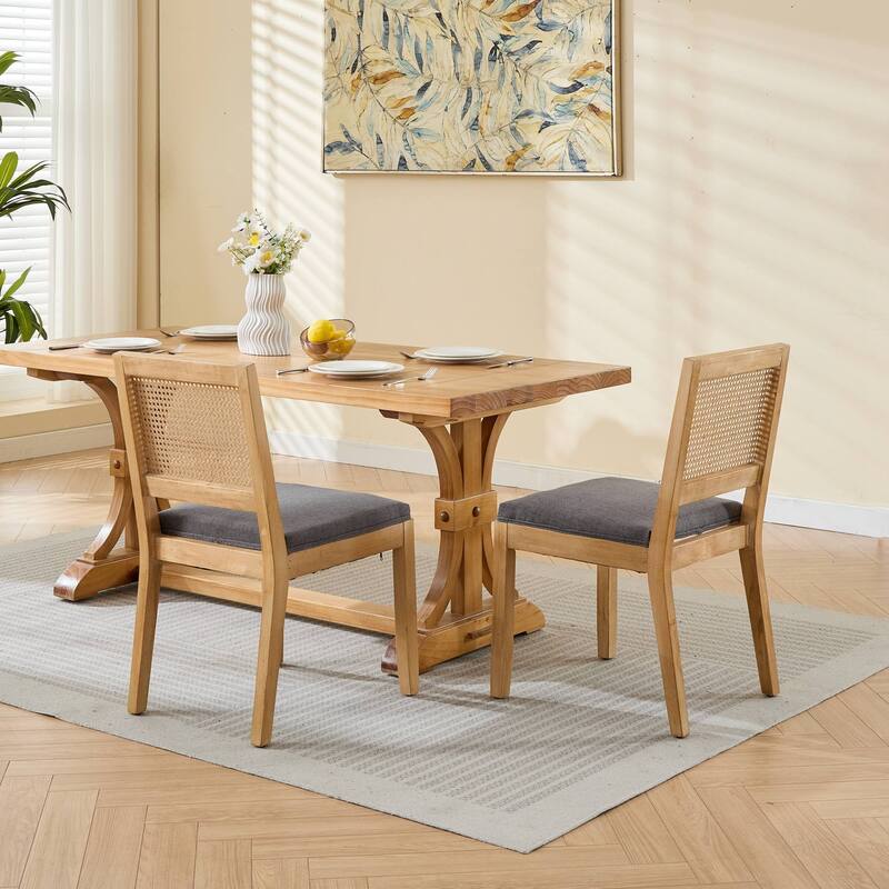 Farmhouse Rattan Dining Chairs Set of 2, Cane Upholstered Kitchen Side Chair with Natural Hardwood Frame