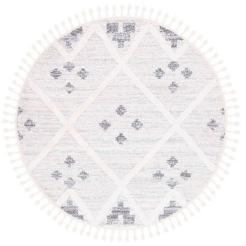 SAFAVIEH Moroccan Tassel Shag Lennie Trellis 2-inch Thick Rug - 6'7" Round - Beige/Ivory